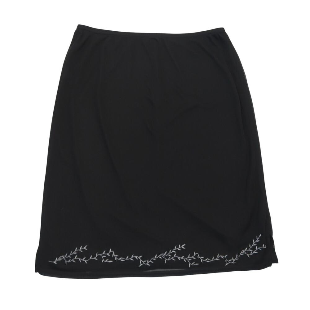 Vintage 90s Aziz Black Leaf Embroidered Mesh Knee Length Skirt L